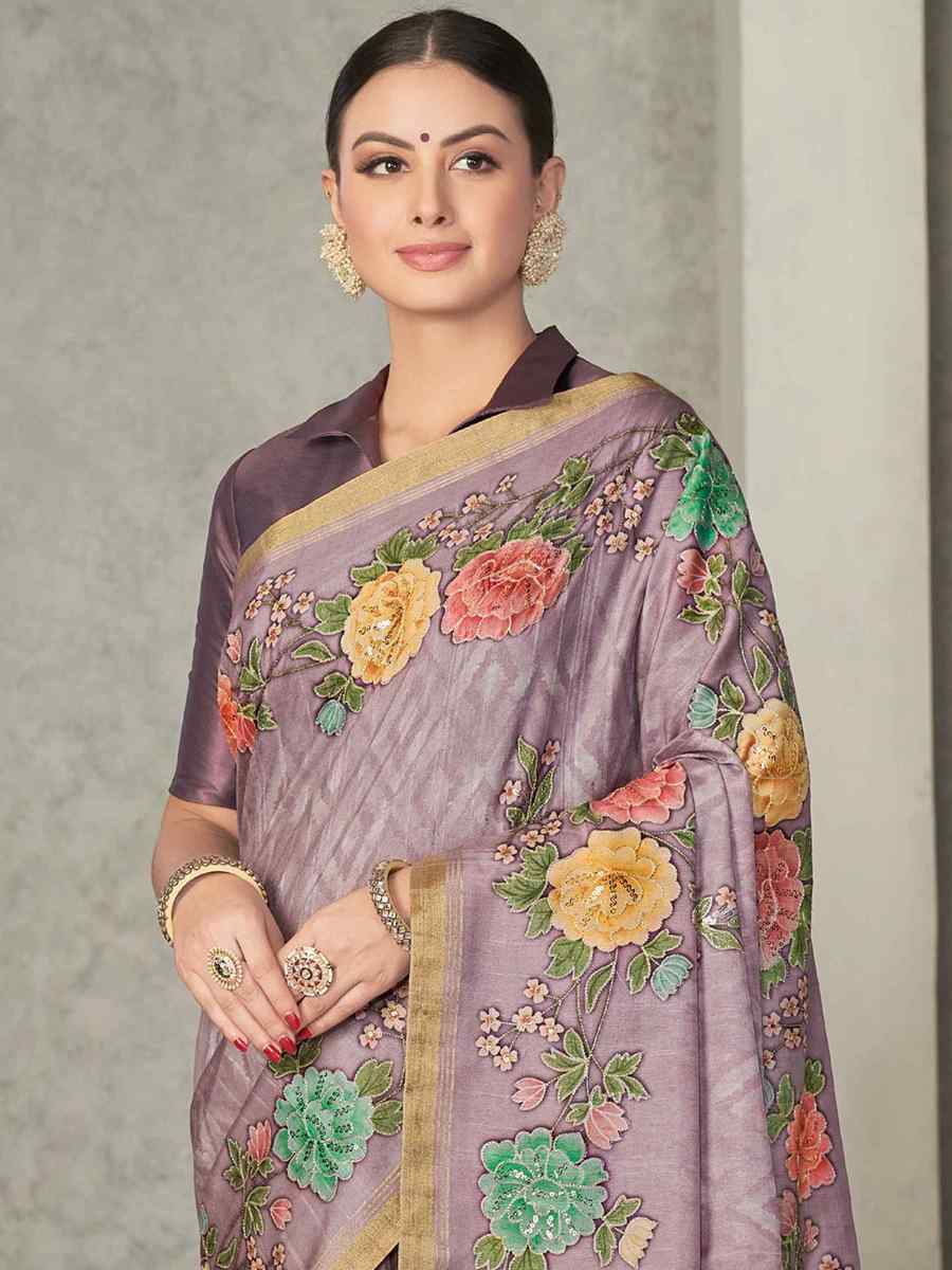 Lavendar Rangkat Tussar Silk Embroidered Party Festival Classic Style Saree