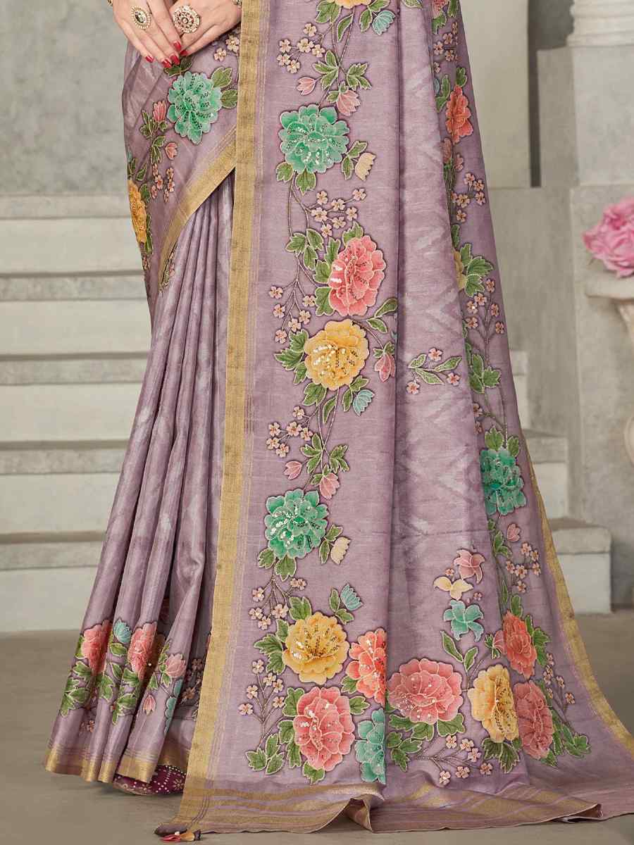 Lavendar Rangkat Tussar Silk Embroidered Party Festival Classic Style Saree