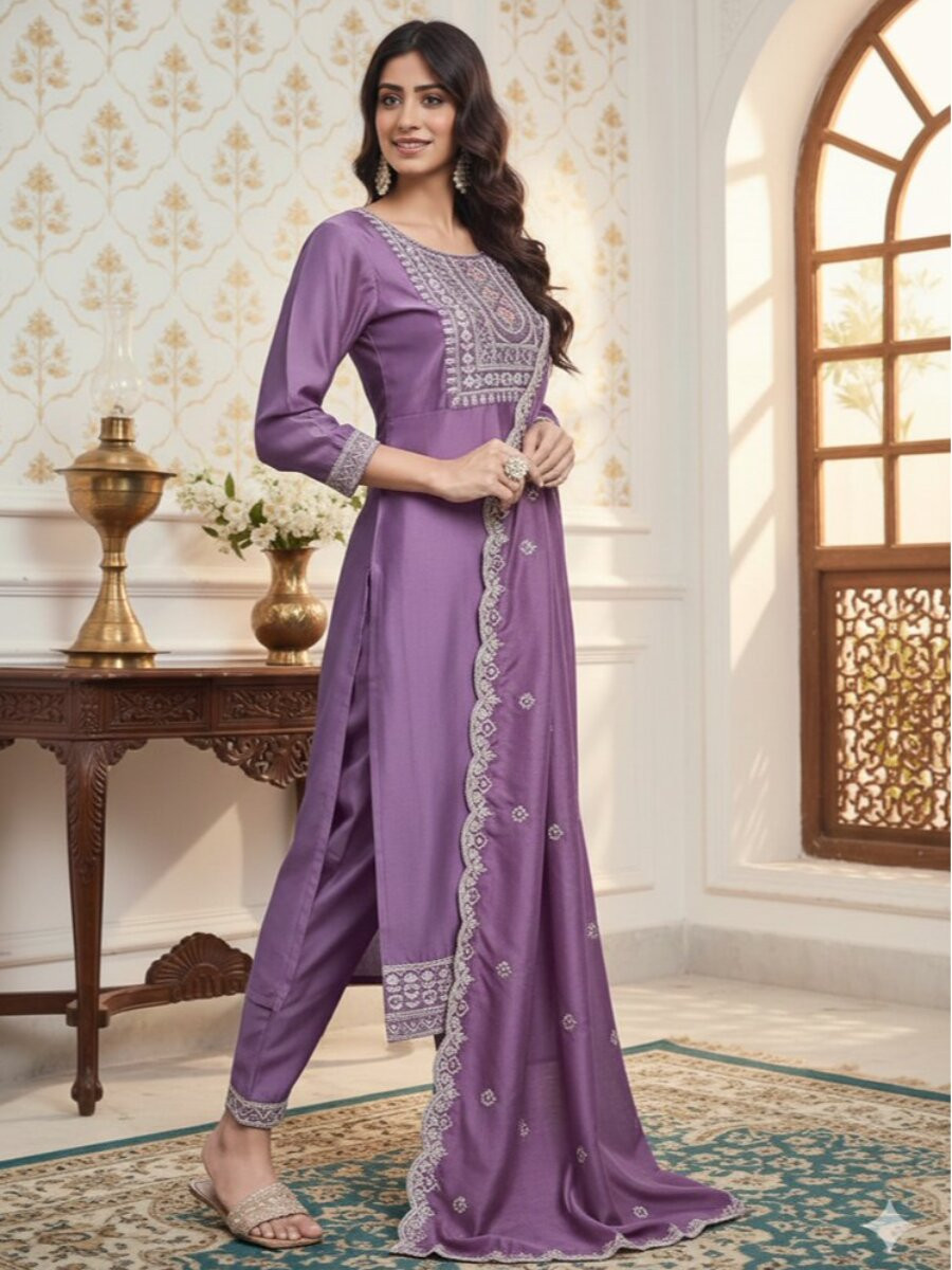 Lavendar Viscose Embroidery Wedding Festival Party Casual Ready Pant Salwar Kameez