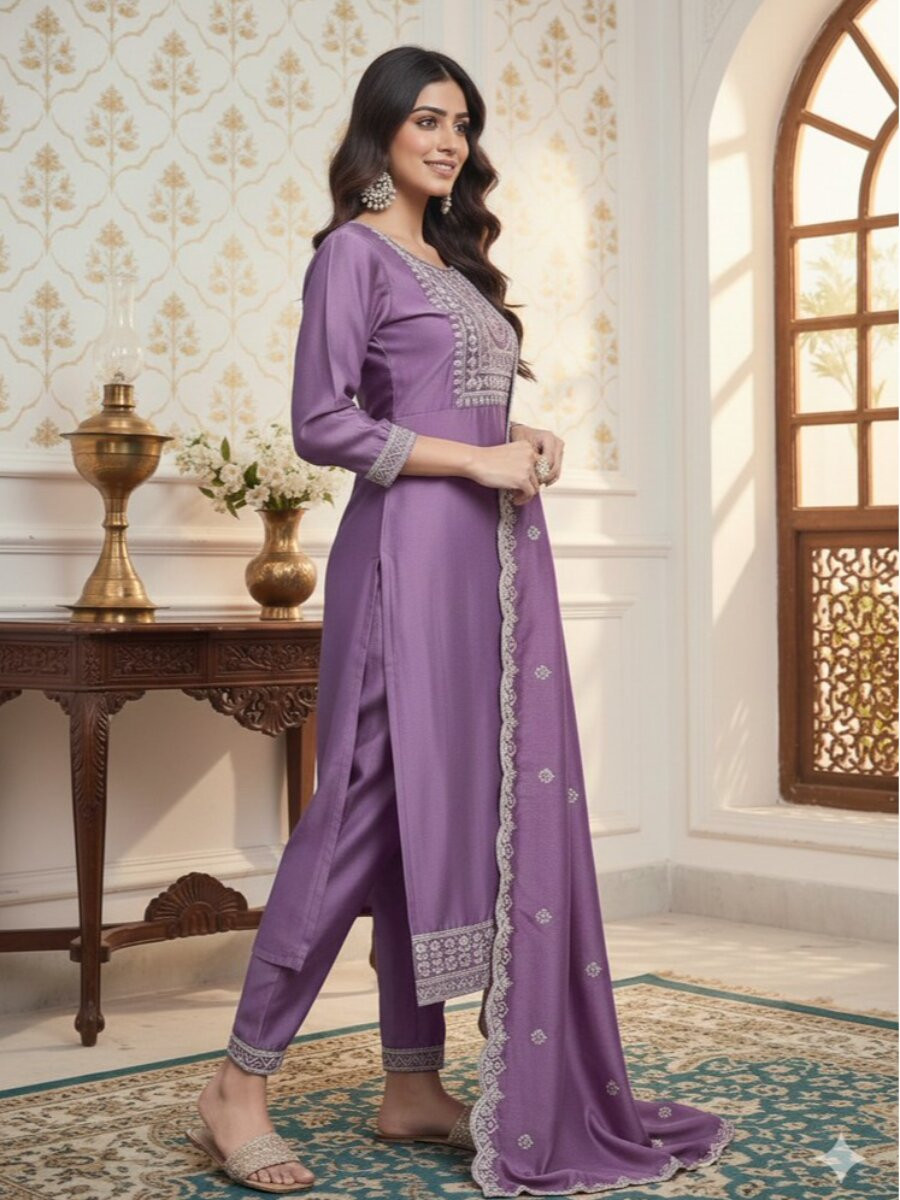 Lavendar Viscose Embroidery Wedding Festival Party Casual Ready Pant Salwar Kameez