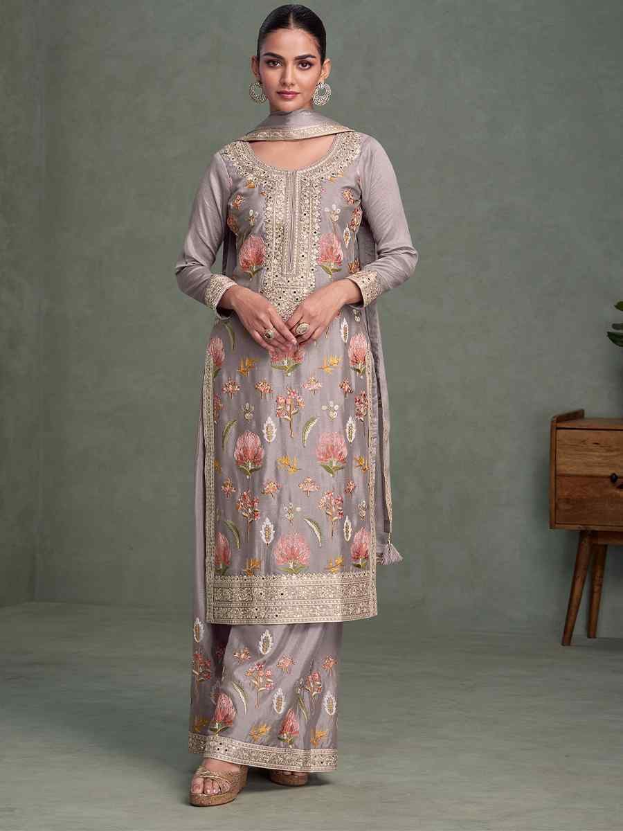 Lavender  Chinon Silk Embroidered Casual Festival Pant Salwar Kameez