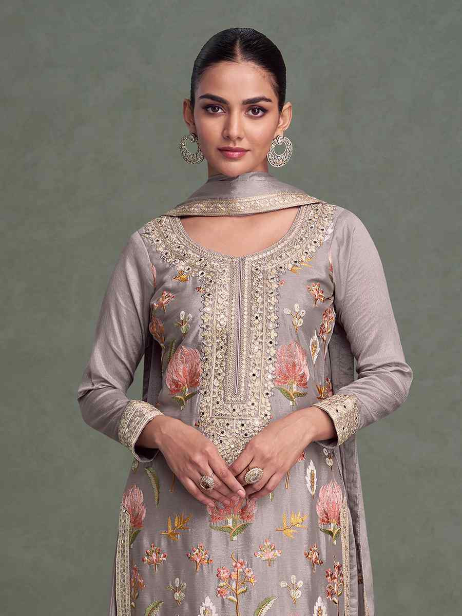 Lavender  Chinon Silk Embroidered Casual Festival Pant Salwar Kameez