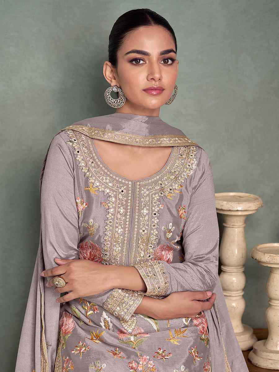 Lavender  Chinon Silk Embroidered Casual Festival Pant Salwar Kameez