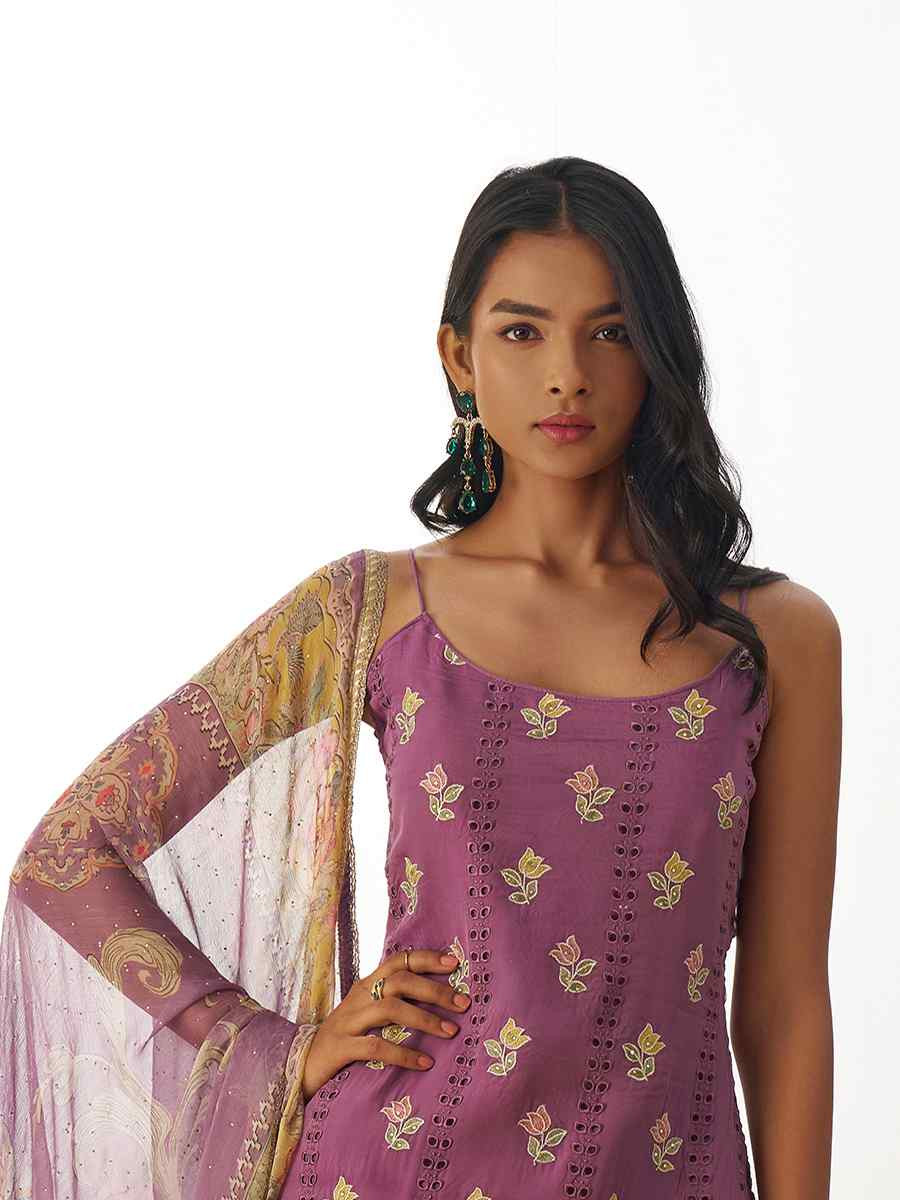 Lavender  Pure Organza Embroidered Festival Casual Ready Pant Salwar Kameez