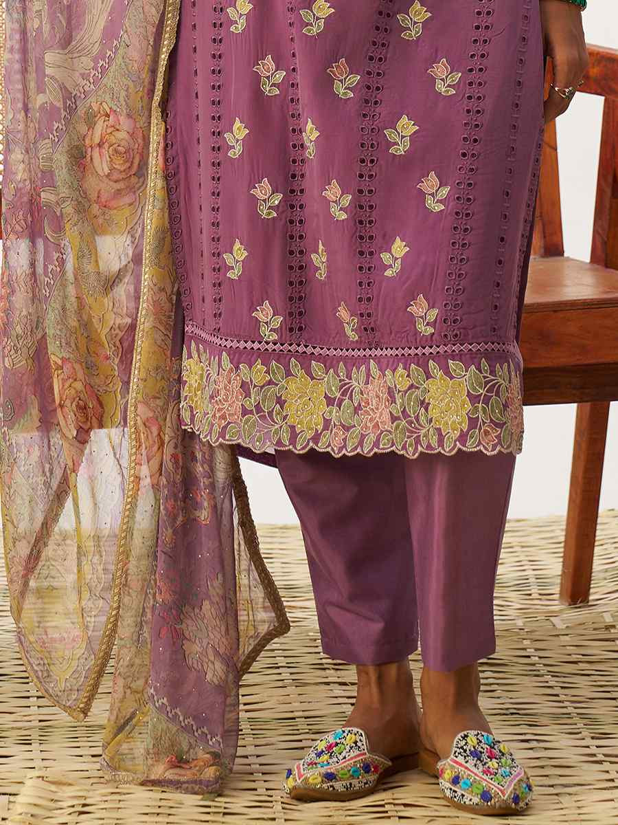 Lavender  Pure Organza Embroidered Festival Casual Ready Pant Salwar Kameez