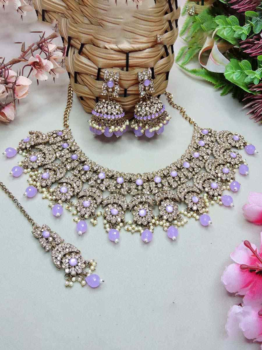 Lavender Alloy Festival Wear Kundan Necklace