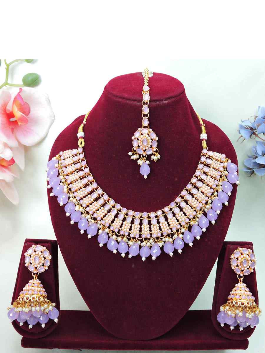 Lavender Alloy Metal Festival Wear Kundan Necklace