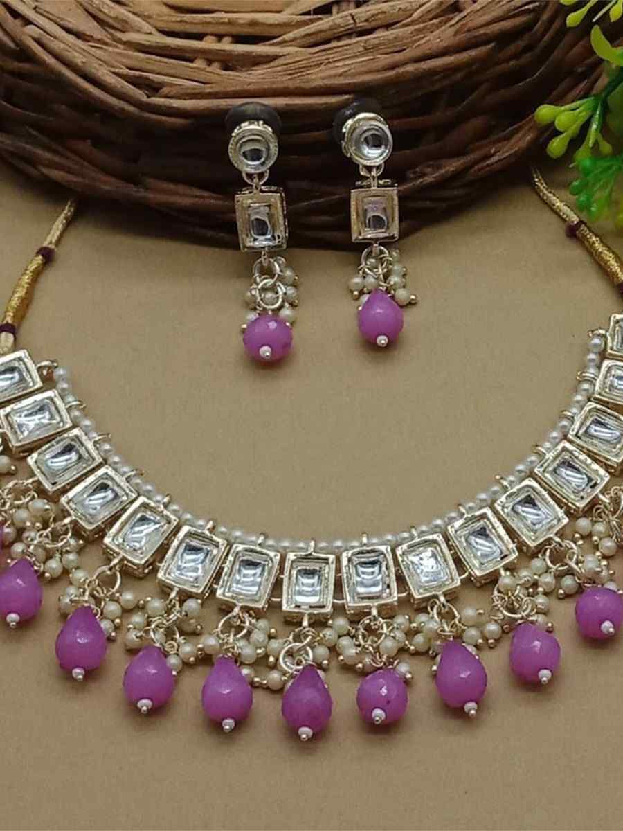 Lavender Alloy Metal Festival Wear Kundan Necklace