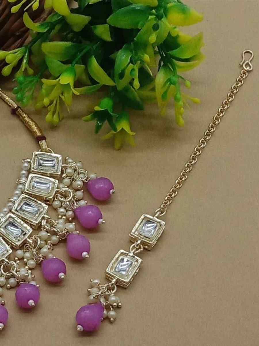 Lavender Alloy Metal Festival Wear Kundan Necklace