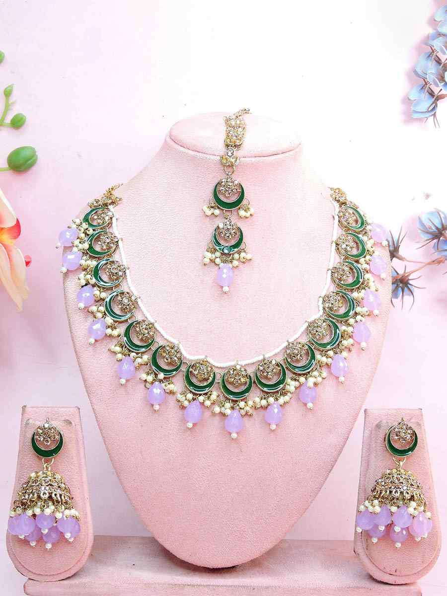 Lavender Alloy Metal Festival Wear Kundan Necklace