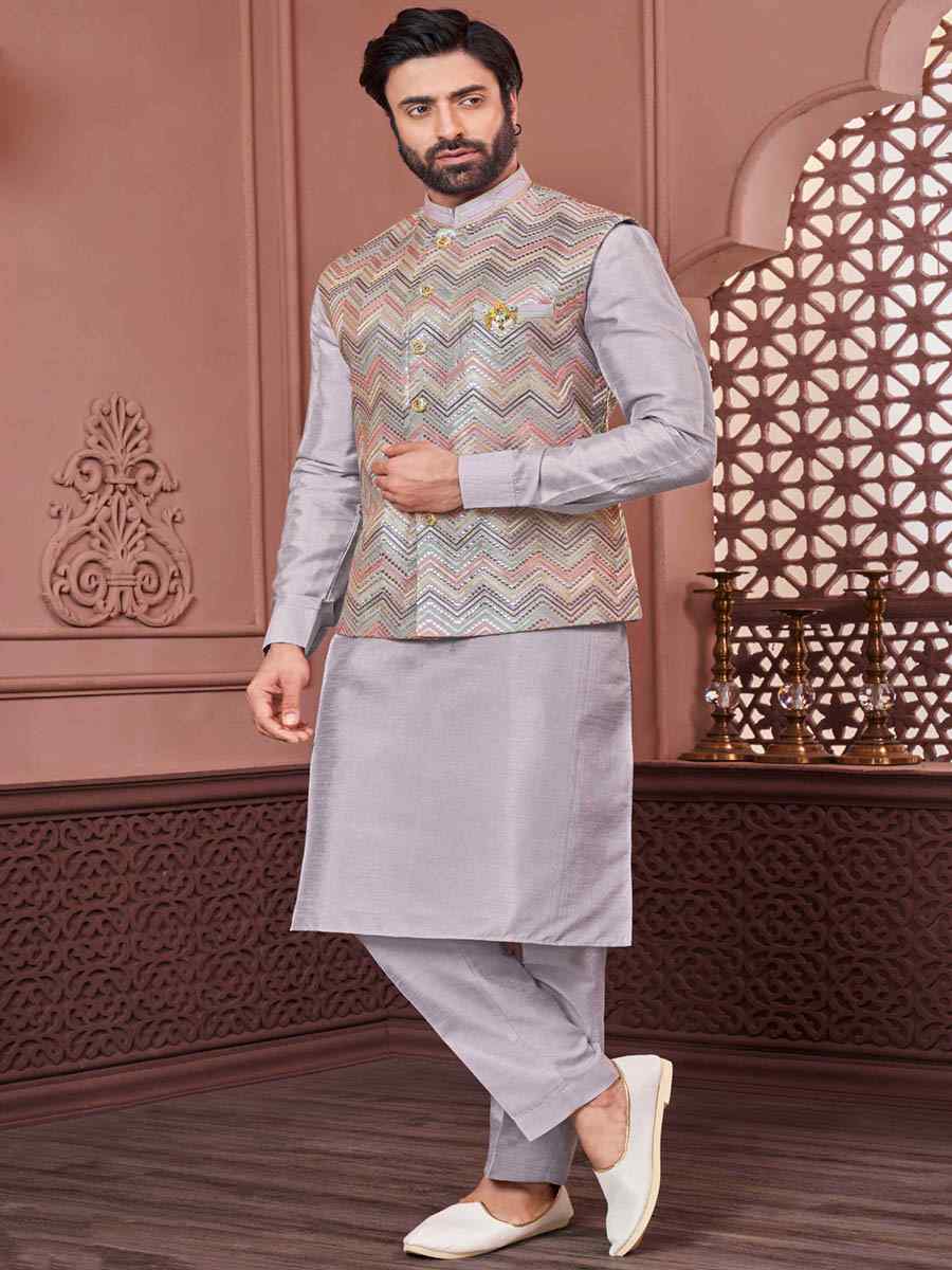 Lavender Art Banarasi Silk Woven Festival Wedding Kurta