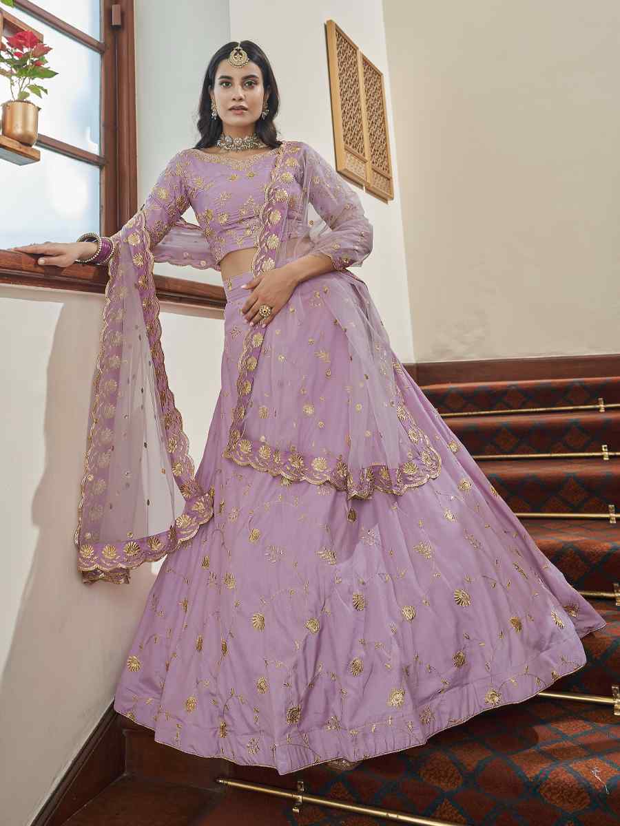 Lavender Art Silk Embroidered Festival Party Wear Heavy Border Lehenga Choli