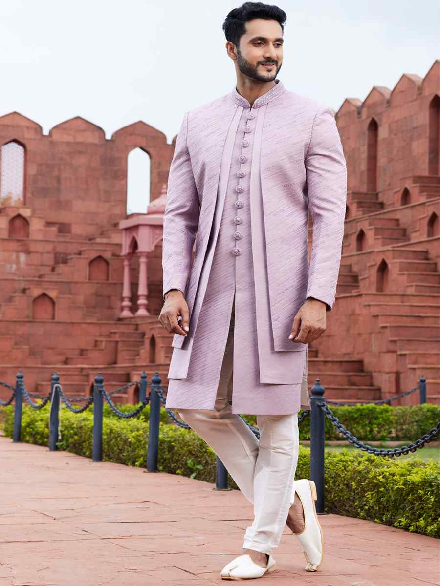 Lavender Art Silk Embroidered Wedding Party Sherwani