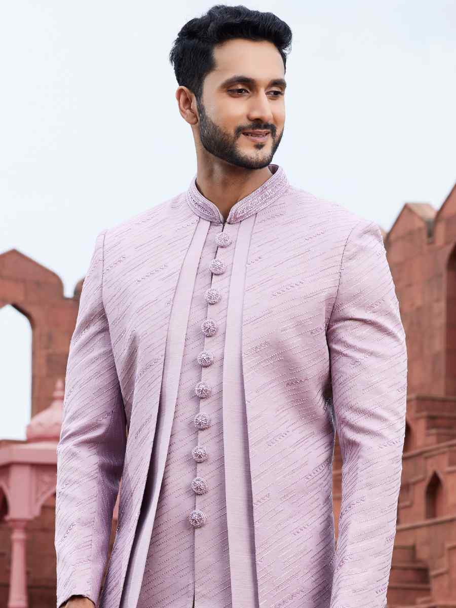 Lavender Art Silk Embroidered Wedding Party Sherwani