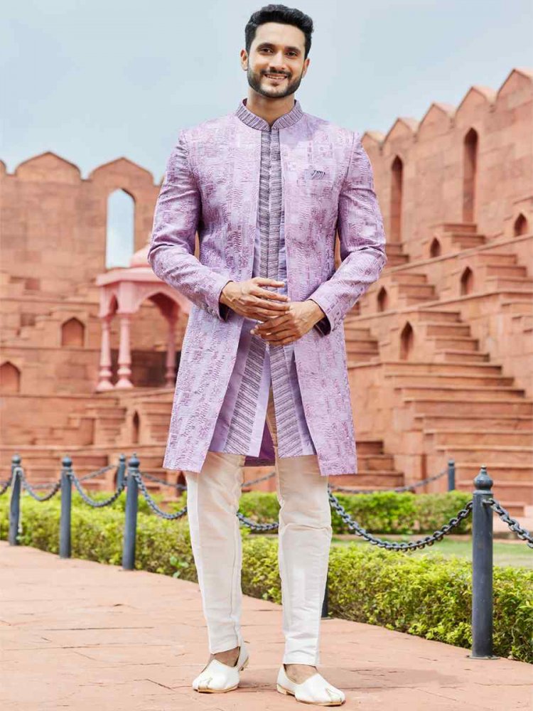 Lavender Art Silk Embroidered Wedding Party Sherwani