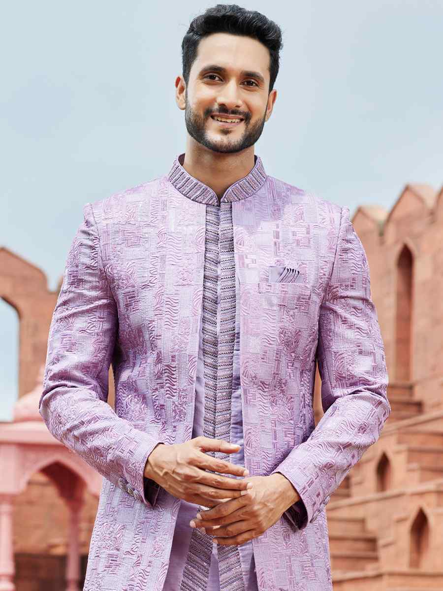 Lavender Art Silk Embroidered Wedding Party Sherwani