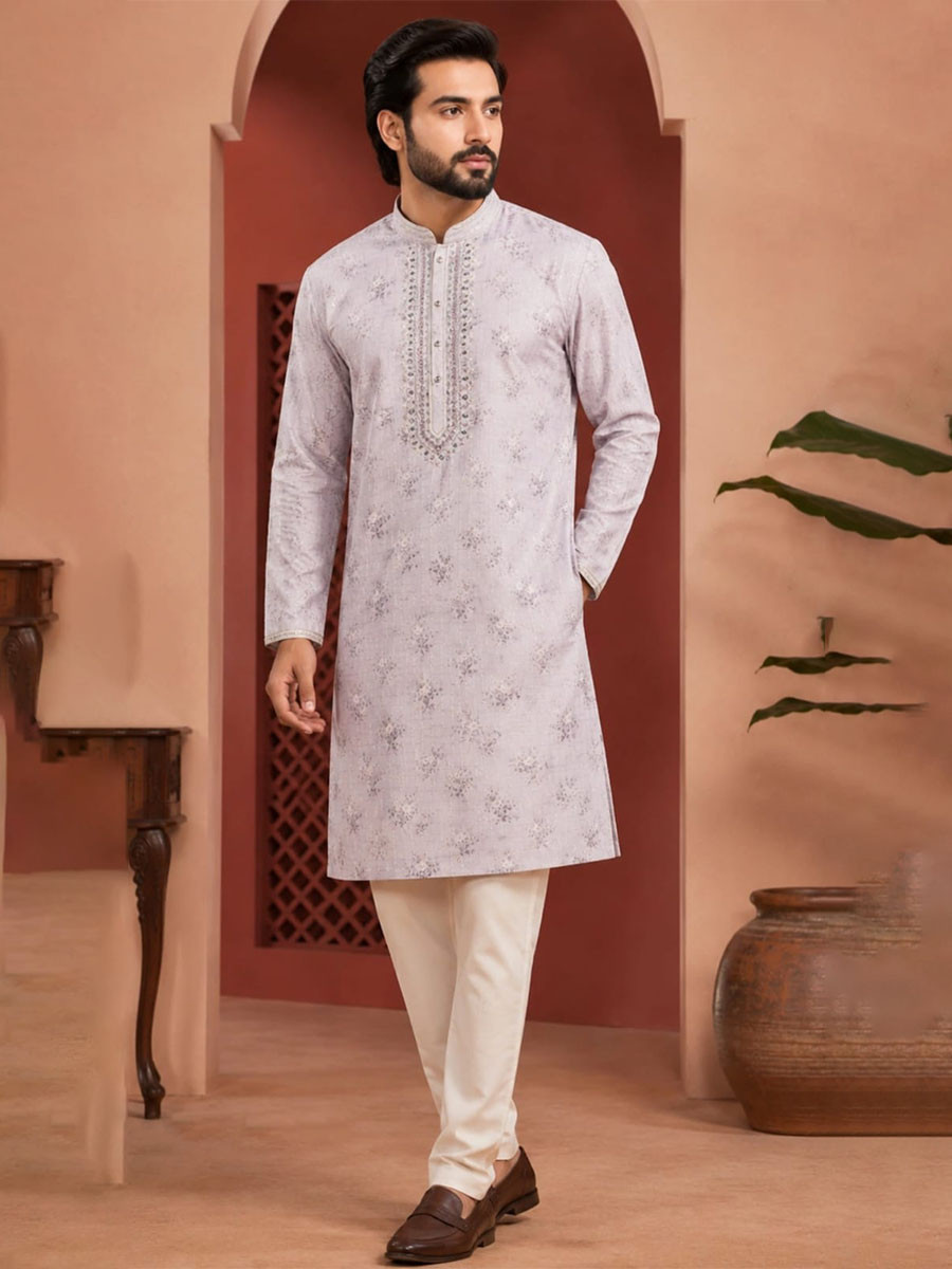 Lavender Art Silk Embroidery Printed Wedding Party Festival Casual Mens Wear Kurta