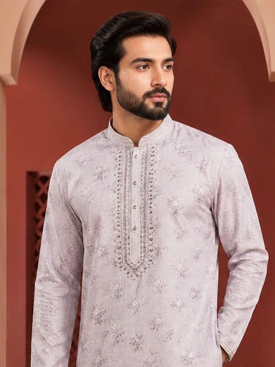 Lavender Art Silk Embroidery Printed Wedding Party Festival Casual Mens Wear Kurta
