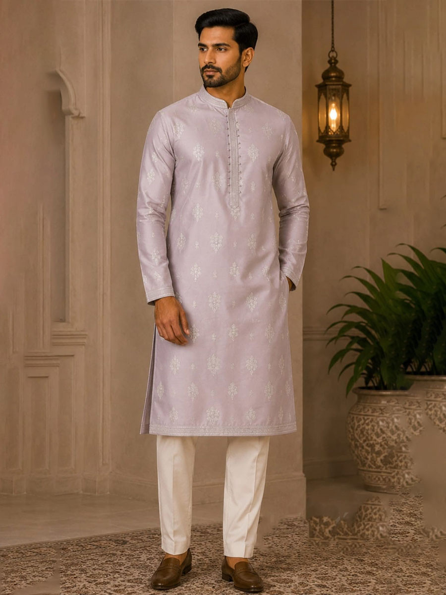 Lavender Art Silk Embroidery Wedding Party Festival Casual Mens Wear Kurta