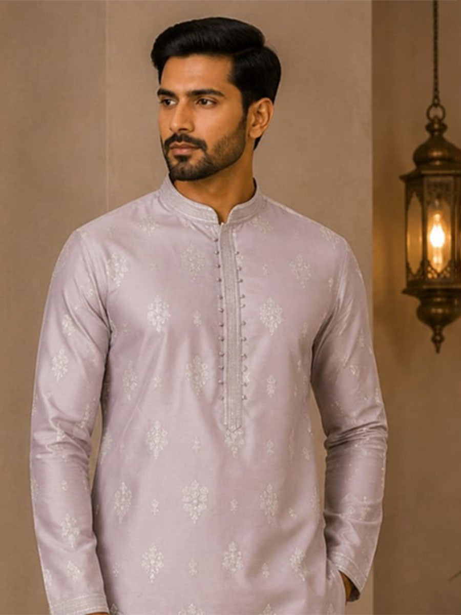 Lavender Art Silk Embroidery Wedding Party Festival Casual Mens Wear Kurta