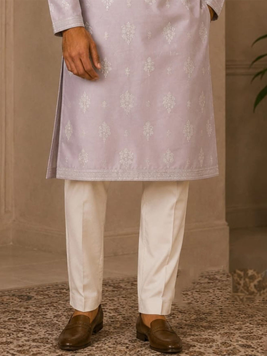 Lavender Art Silk Embroidery Wedding Party Festival Casual Mens Wear Kurta