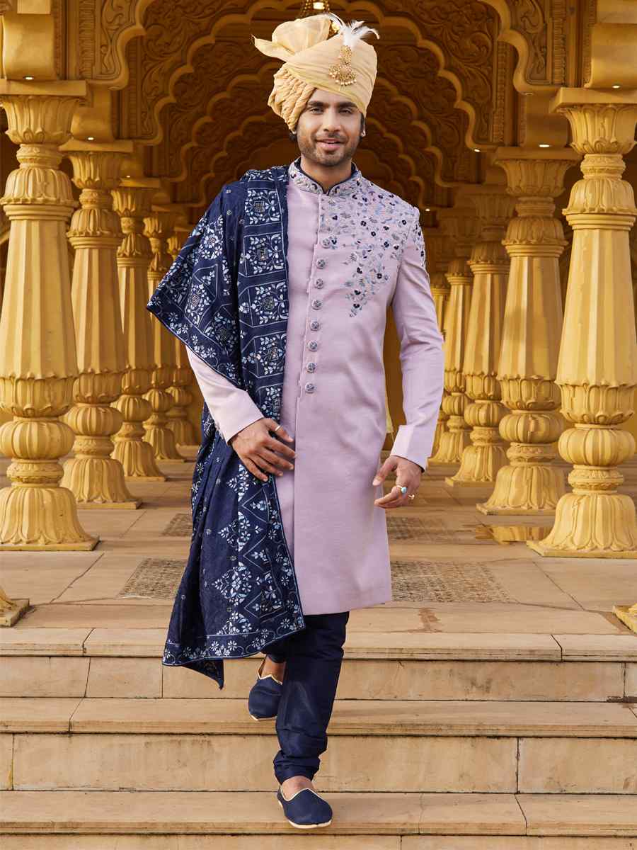 Lavender Art Silk Woven Wedding Groom Sherwani