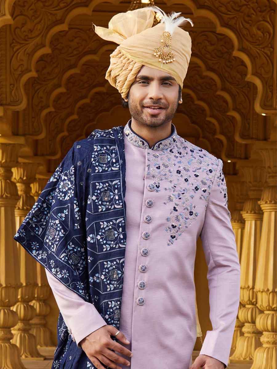 Lavender Art Silk Woven Wedding Groom Sherwani