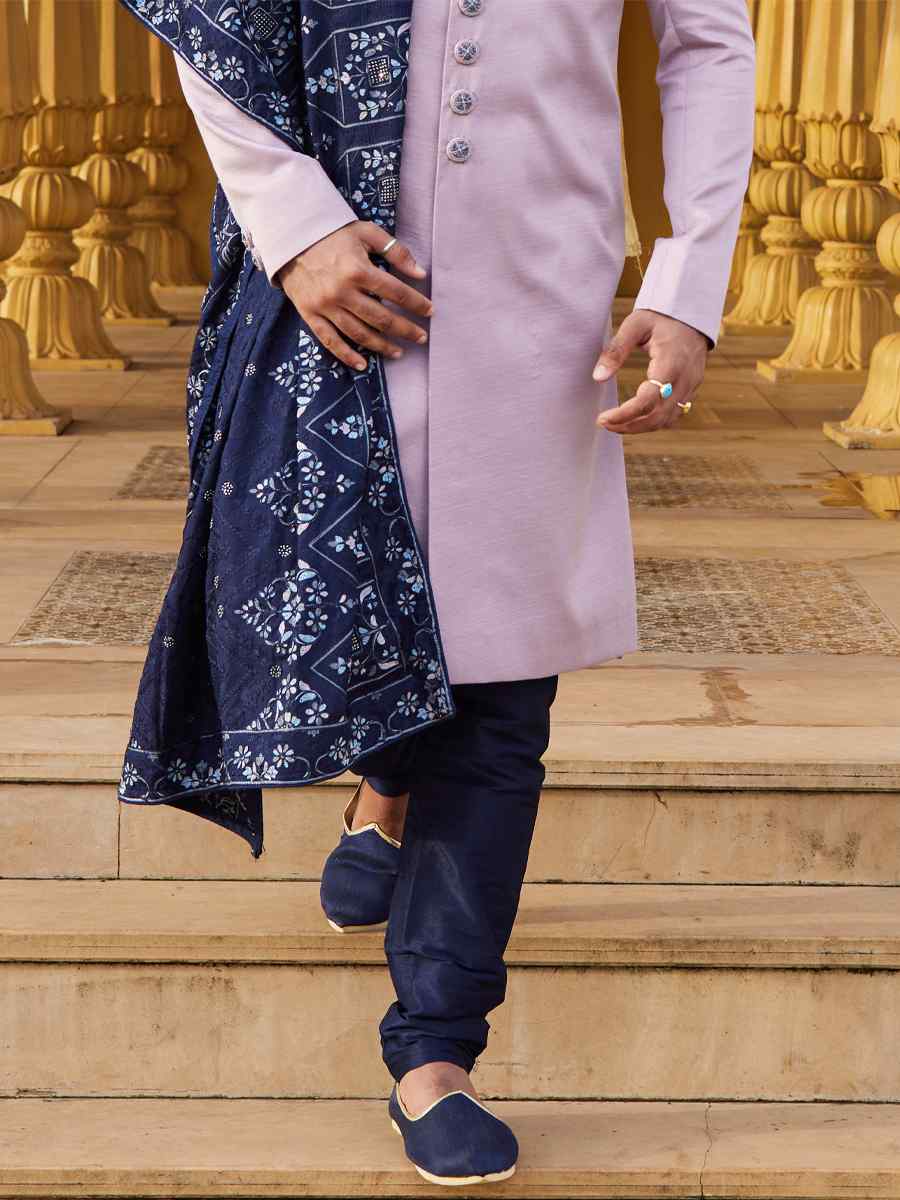 Lavender Art Silk Woven Wedding Groom Sherwani