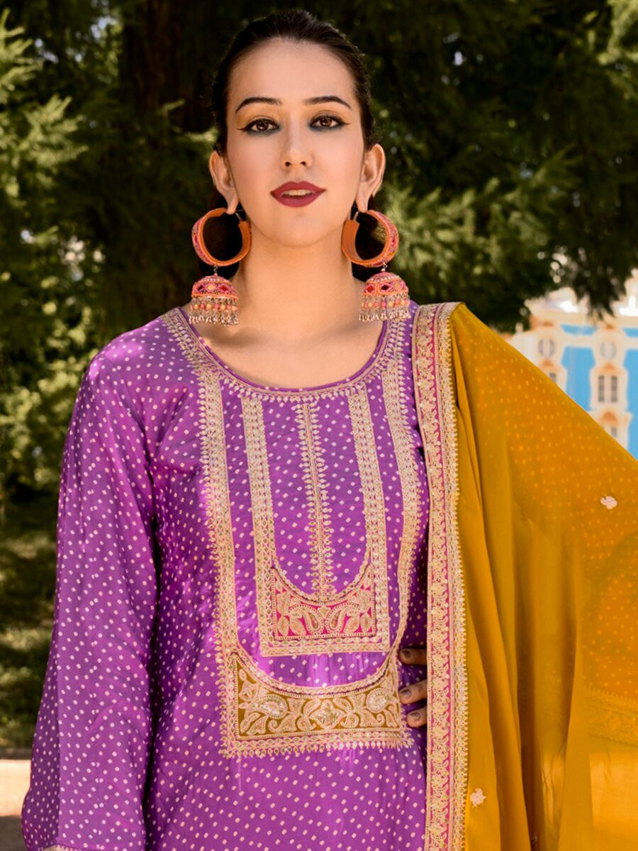 Lavender Bambarg Russian Silk Embroidery Digital Printed Wedding Party Festival Casual Pant Salwar Kameez