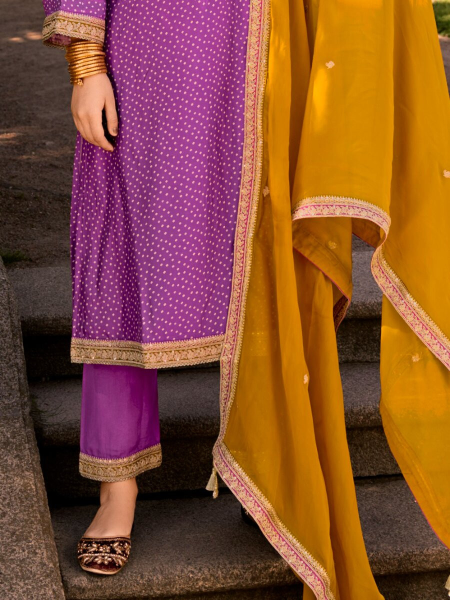 Lavender Bambarg Russian Silk Embroidery Digital Printed Wedding Party Festival Casual Pant Salwar Kameez