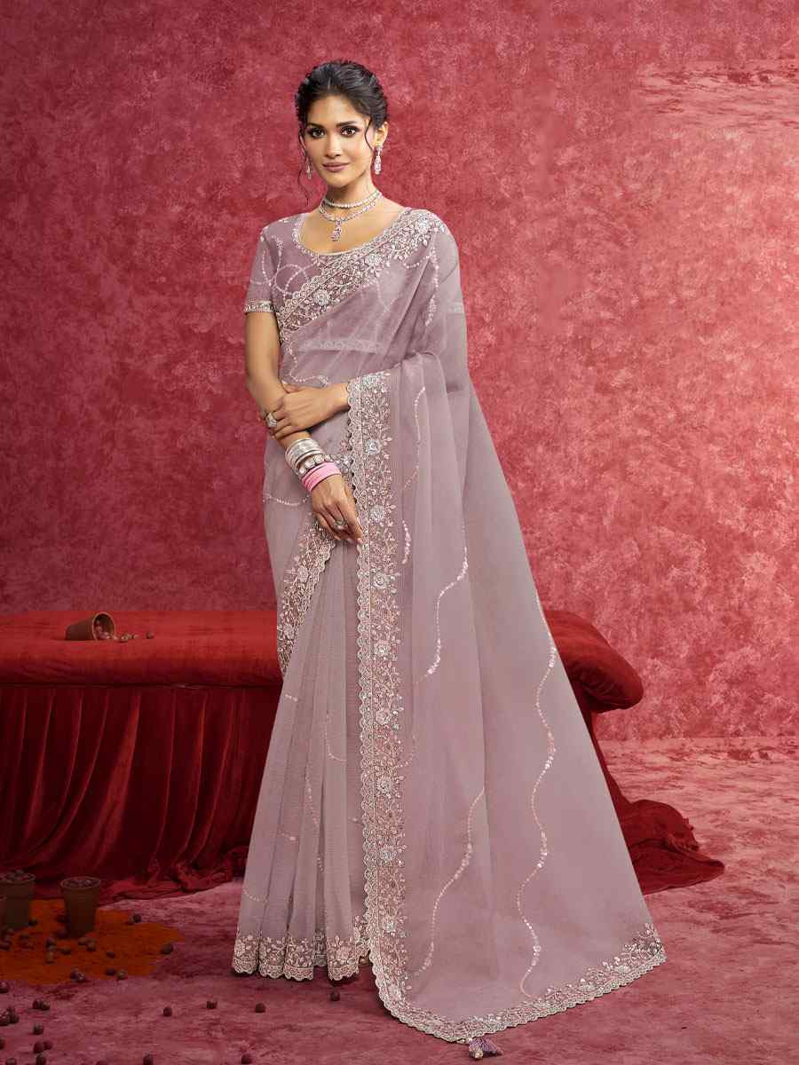 Lavender Banarasi  Embroidery Bridal Reception Festival Wedding Fancy Heavy Border Saree