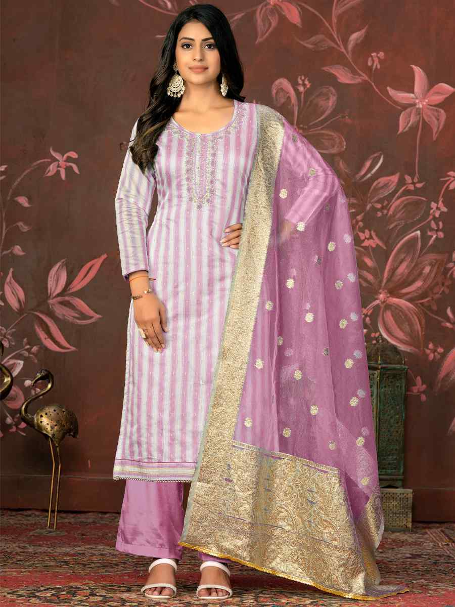 Lavender Banarasi Cotton Embroidered Casual Festival Pant Salwar Kameez