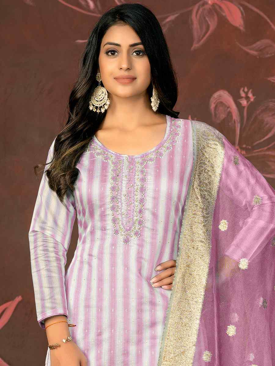 Lavender Banarasi Cotton Embroidered Casual Festival Pant Salwar Kameez