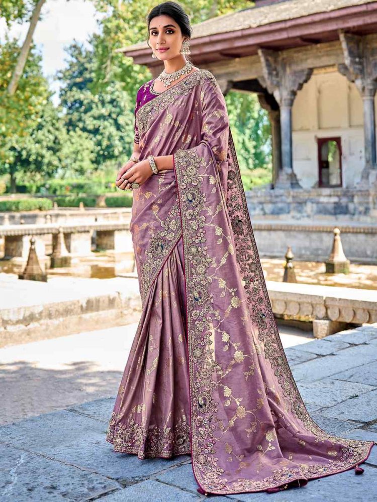 Lavender Banarasi Silk Embroidered Wedding Festival Heavy Border Saree