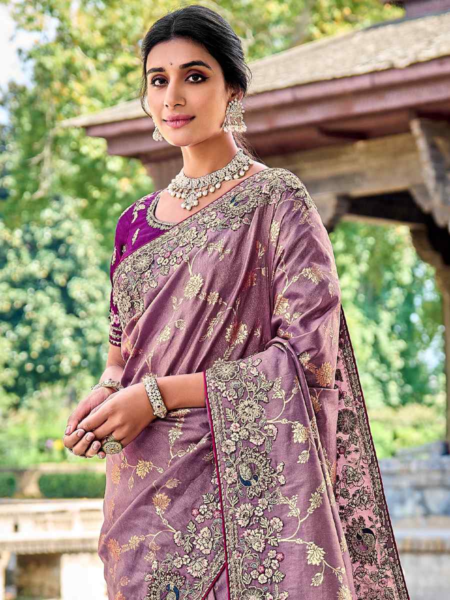 Lavender Banarasi Silk Embroidered Wedding Festival Heavy Border Saree