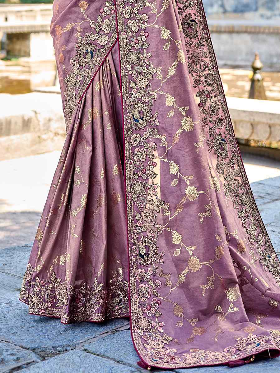 Lavender Banarasi Silk Embroidered Wedding Festival Heavy Border Saree