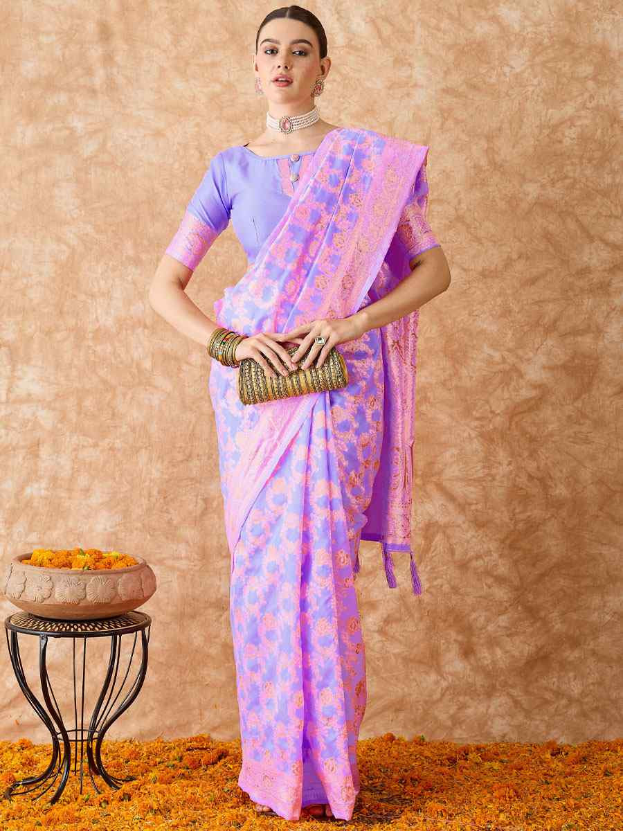 Lavender Banarasi Silk Handwoven Bridal Reception Festival Wedding Fancy Heavy Border Sarees