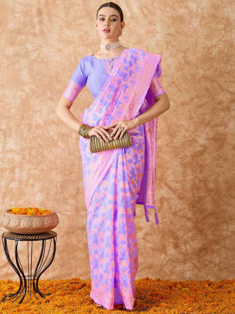 Image of Lavender Banarasi Silk Handwoven Bridal Reception Festival Wedding Fancy Heavy Border Sarees