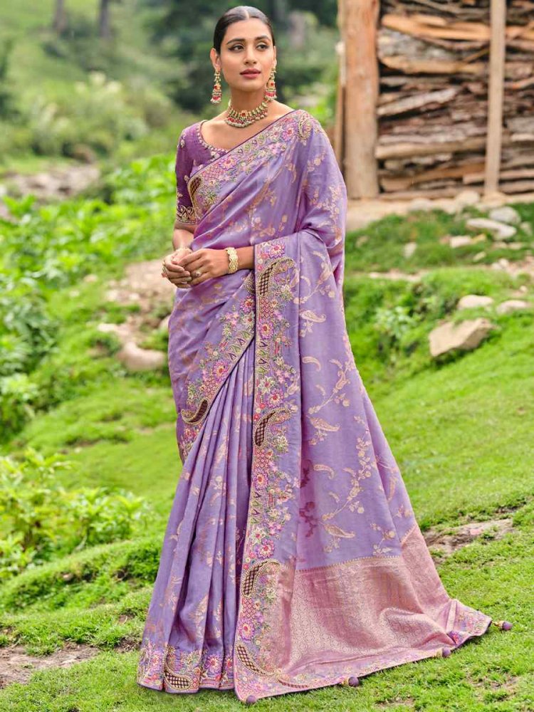 Lavender Banglory Silk Embroidered Bridesmaid Reception Heavy Border Saree