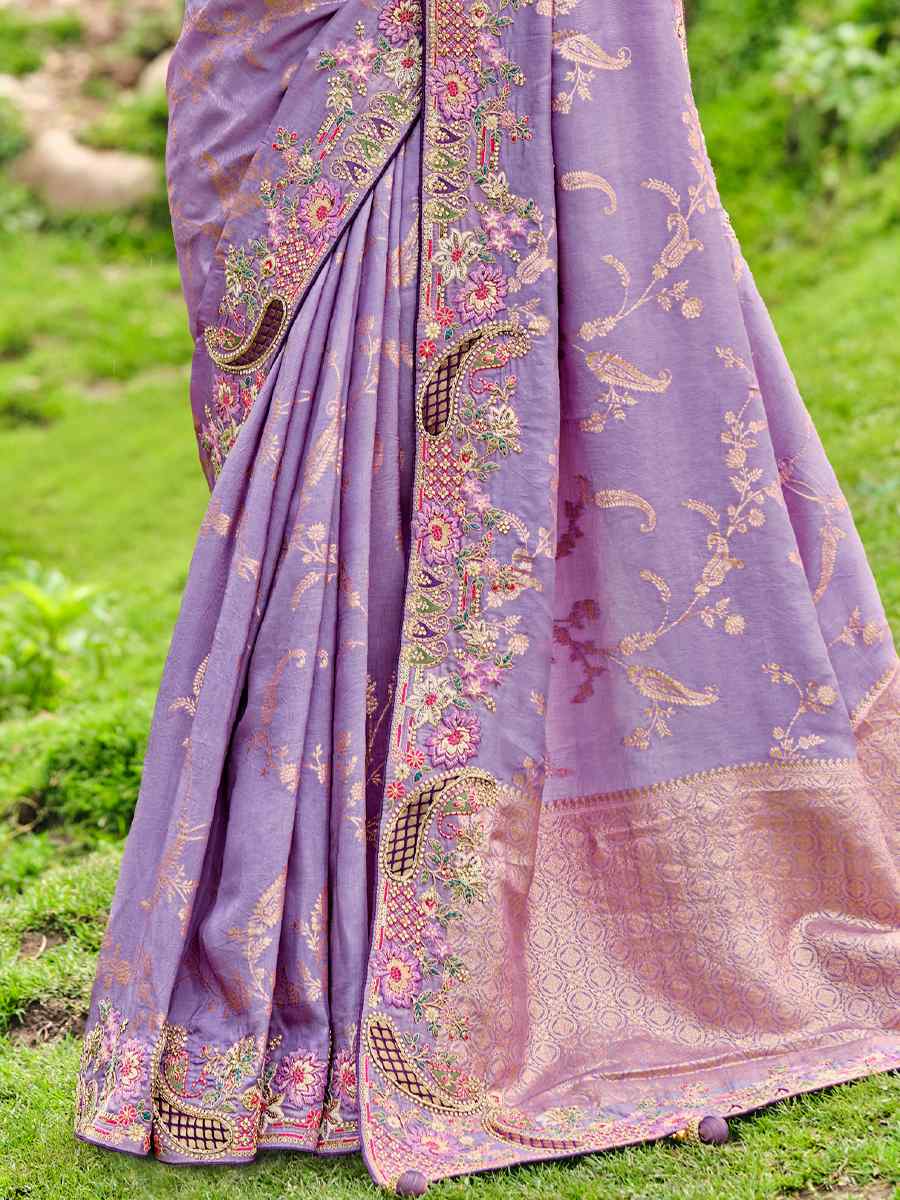 Lavender Banglory Silk Embroidered Bridesmaid Reception Heavy Border Saree