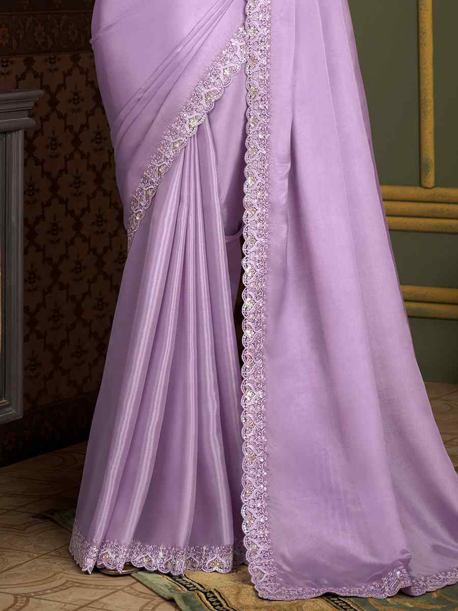 Lavender Banlogry Silk Embroidered Party Reception Heavy Border Saree