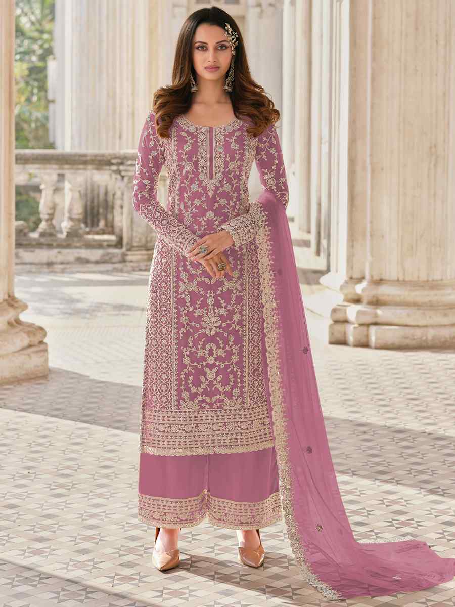 Lavender Buterfly Net Embroidered Wedding Festival Pant Salwar Kameez