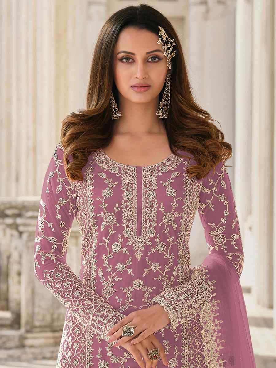 Lavender Buterfly Net Embroidered Wedding Festival Pant Salwar Kameez