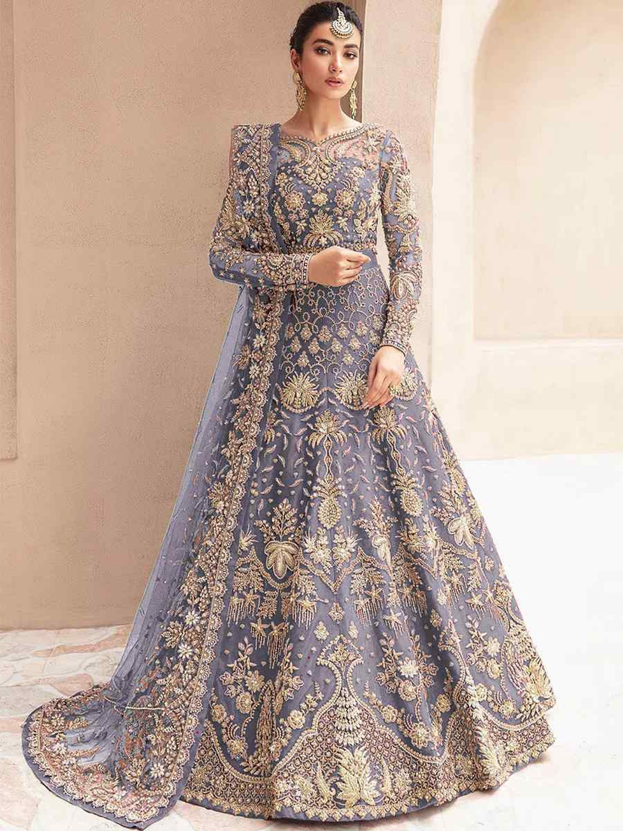 Lavender Butterfly Net Embroidered Festival Wedding Anarkali Salwar Kameez