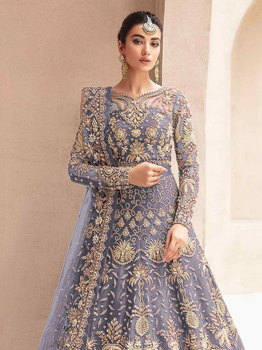 Lavender Butterfly Net Embroidered Festival Wedding Anarkali Salwar Kameez