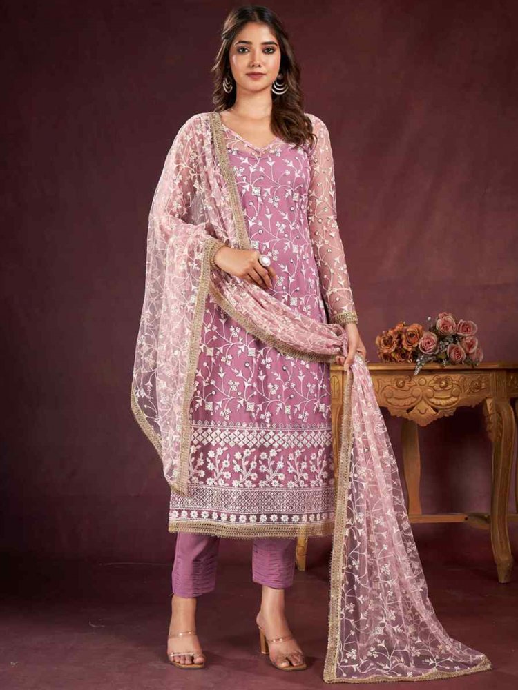 Lavender Butterfly Net Embroidered Festival Wedding Pant Salwar Kameez