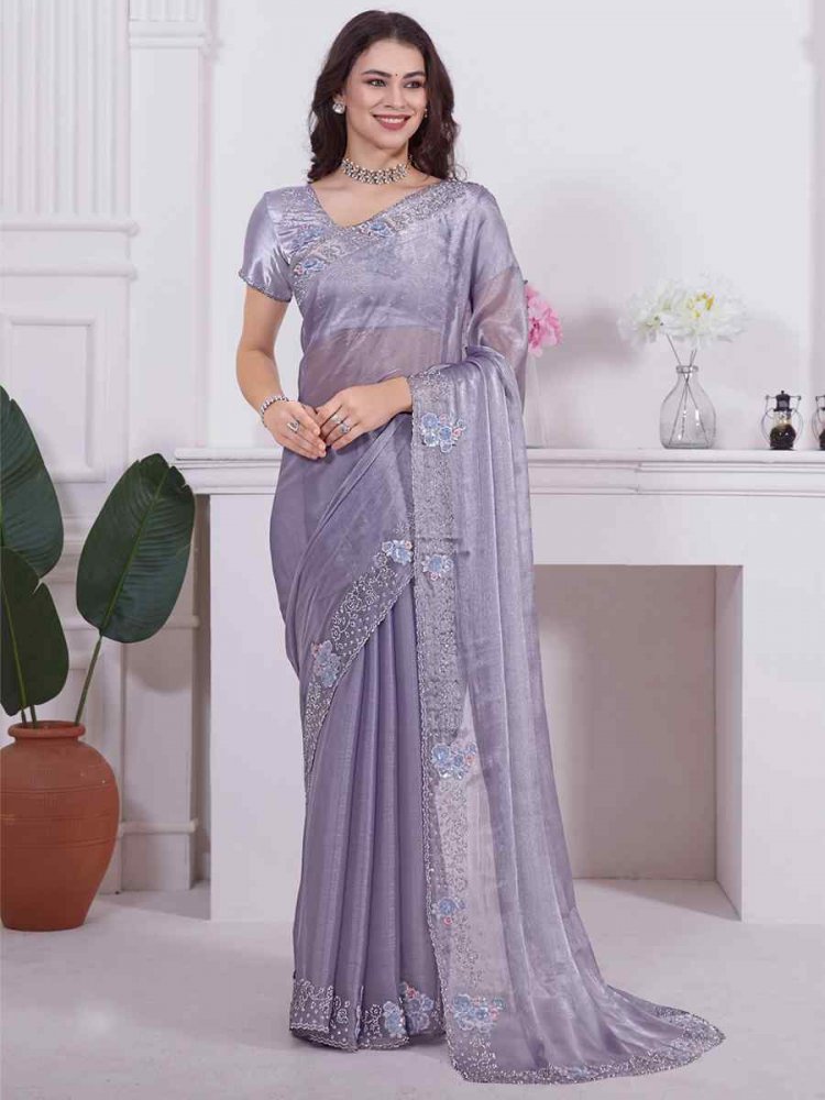 Lavender Butterfly Silk Embroidered Party Reception Heavy Border Saree