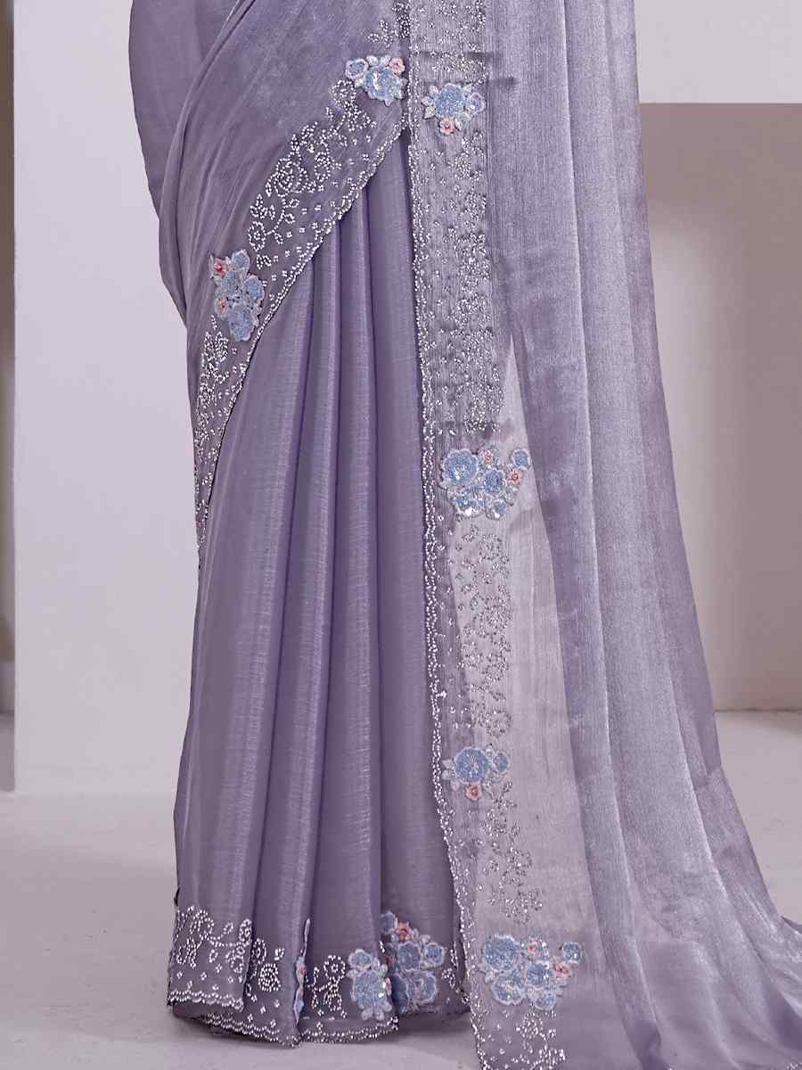 Lavender Butterfly Silk Embroidered Party Reception Heavy Border Saree