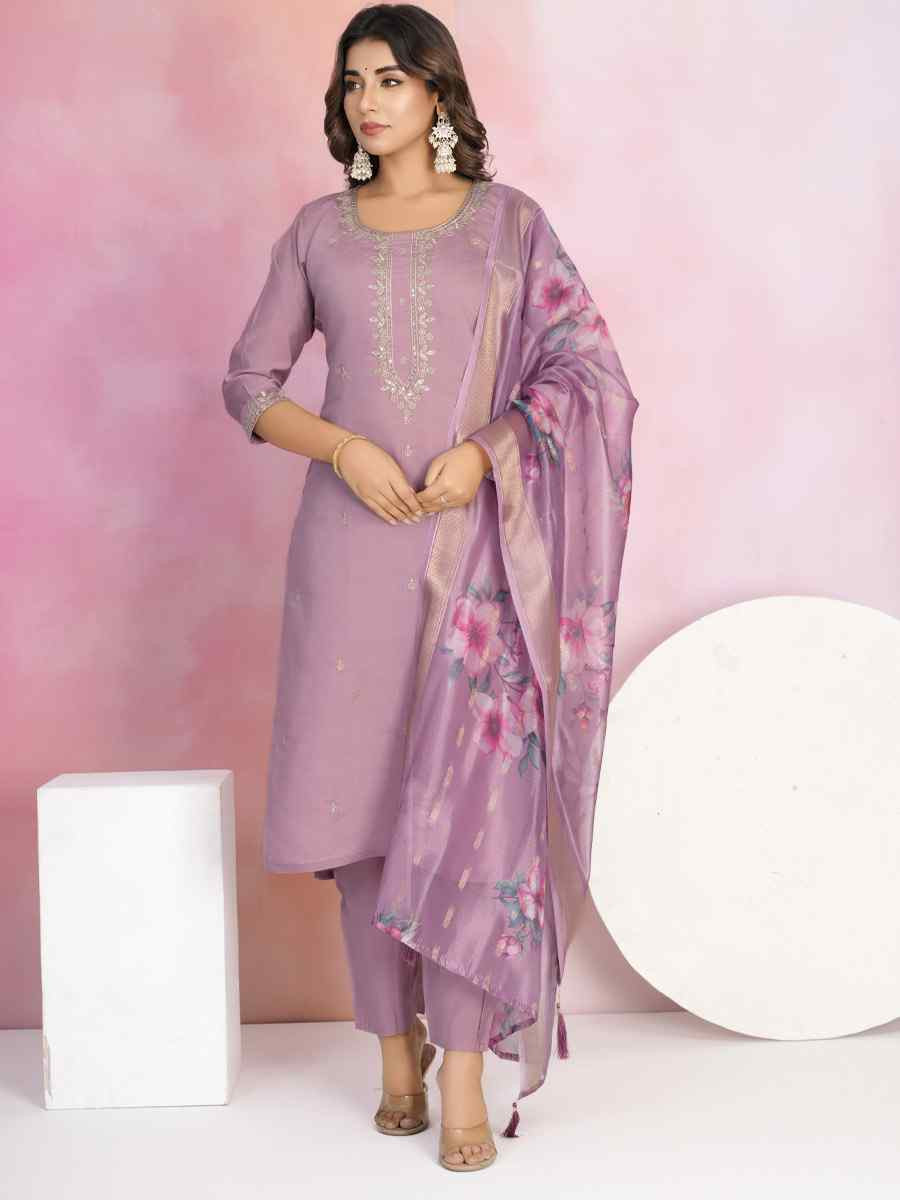 Lavender Chanderi Embroidered Party Wedding Ready Pant Salwar Kameez