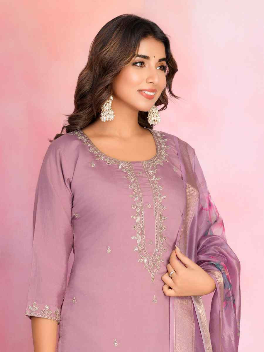 Lavender Chanderi Embroidered Party Wedding Ready Pant Salwar Kameez